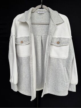Light Gray & White Teddy Jacket with Contrast Pockets